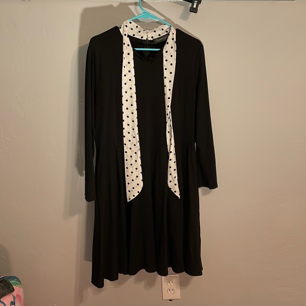 Black and White Polka Dot Tie Neck Dress